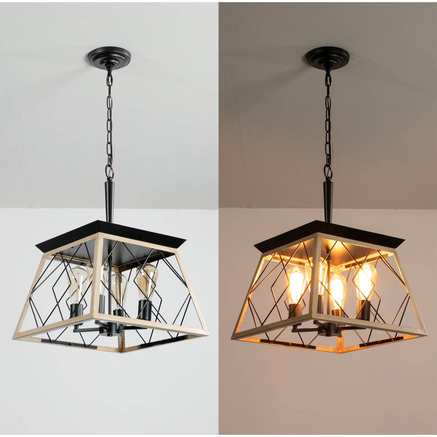 16-Inch Oak Industrial 4-Light Pendant Chandelier - Adjustable