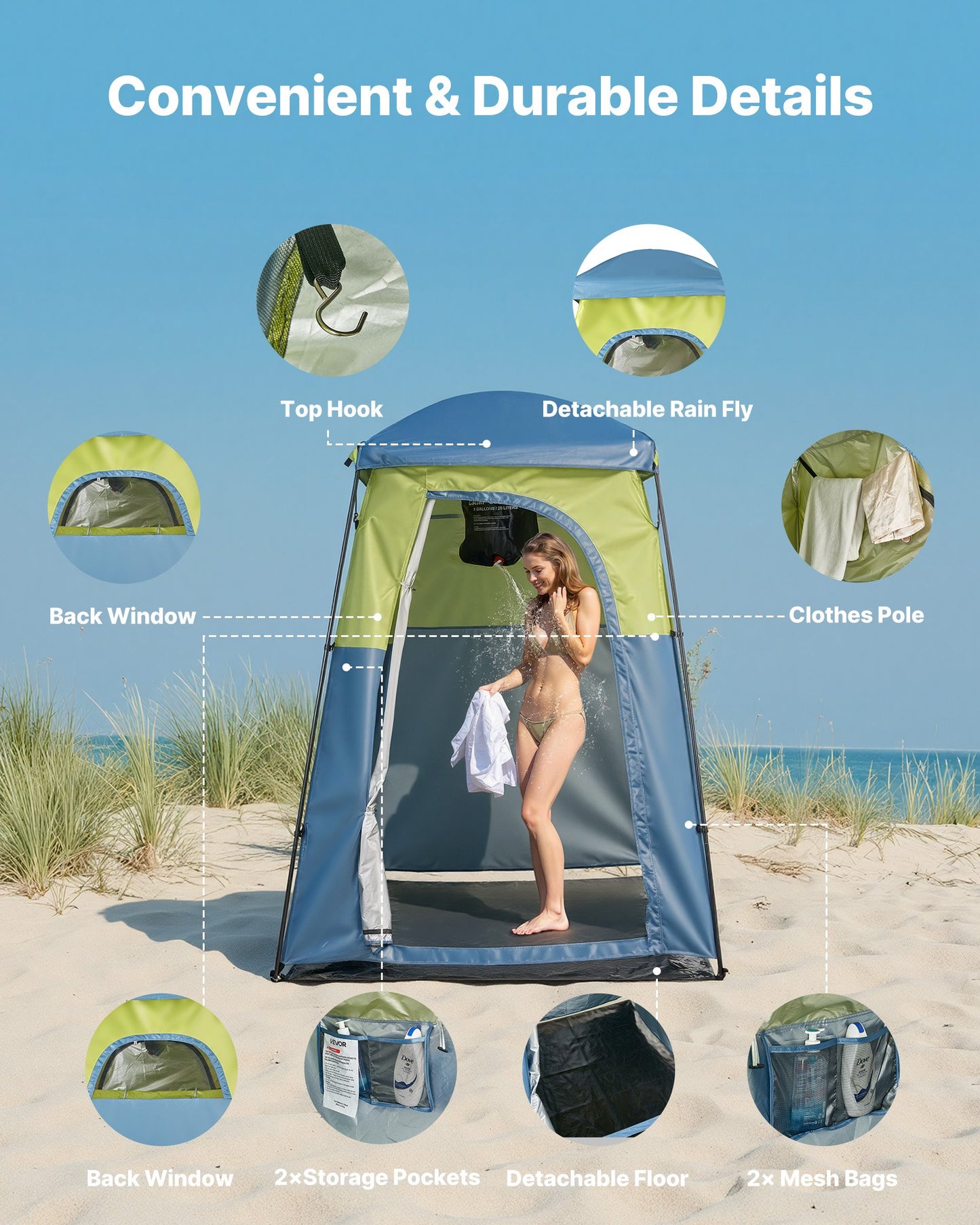 Portable Camping Shower Tent with Privacy, Ground Stakes & Carry Bag