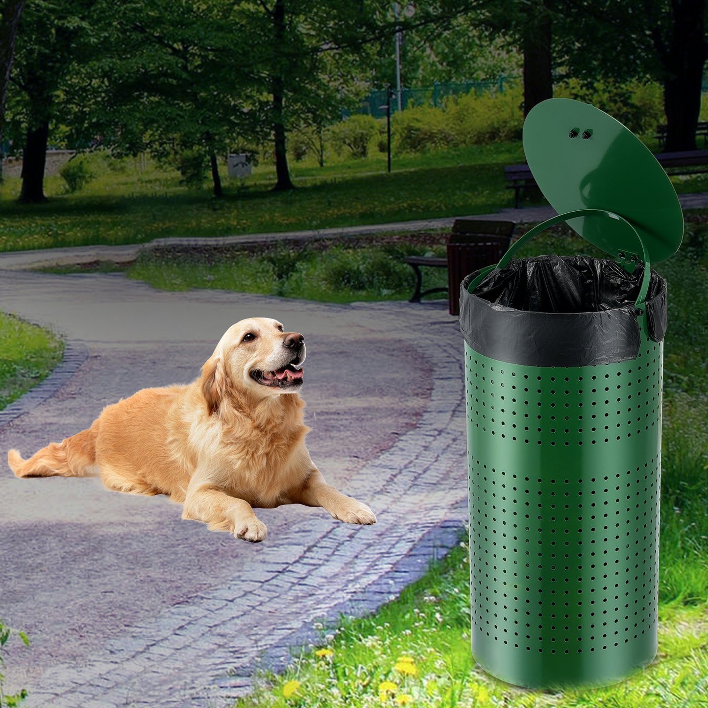 Weather-Resistant Dog Poop Trash Can 11.5 Gallons with Lid - Green