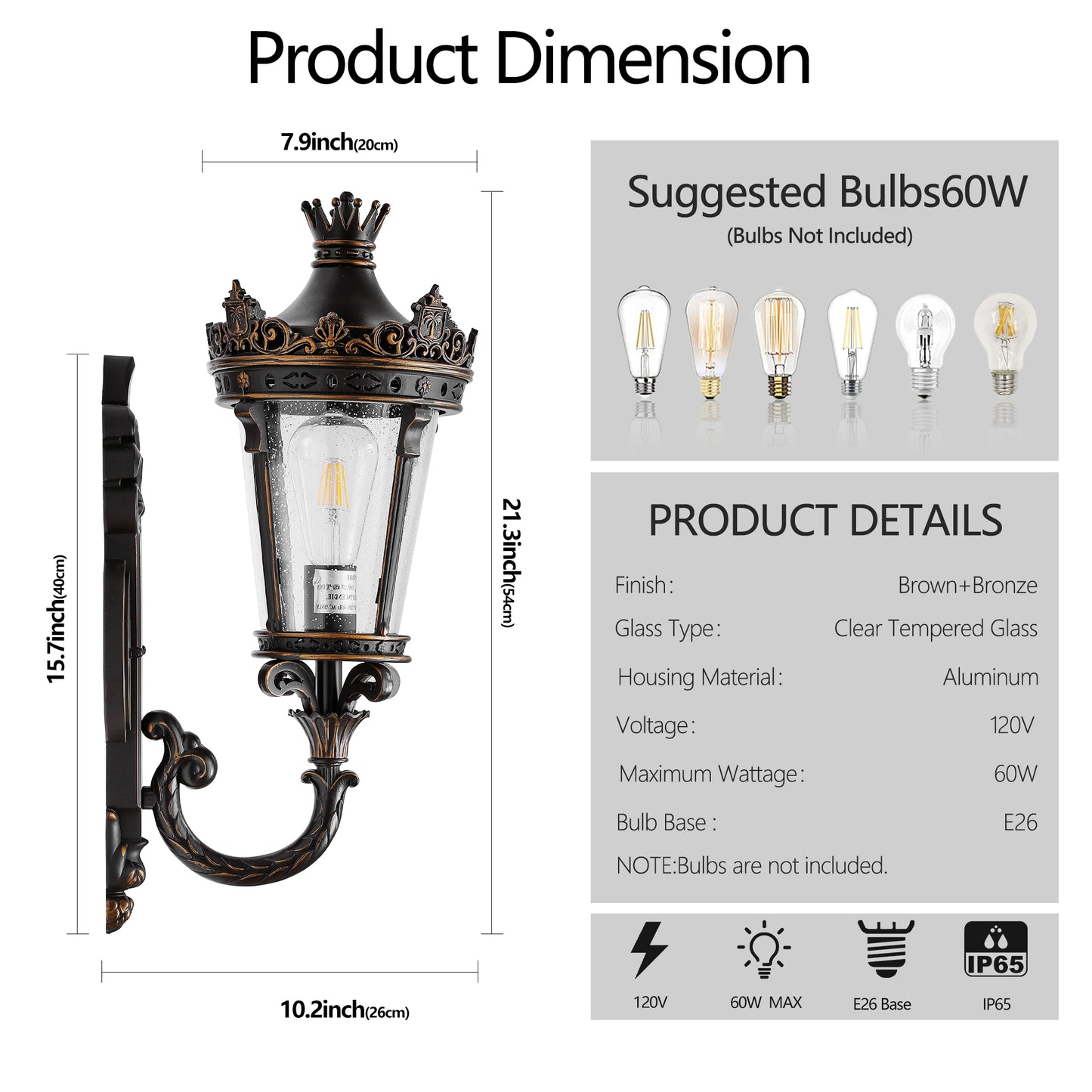 Vintage Outdoor Wall Lantern - Waterproof Exterior Sconce with Glass & Crown Top