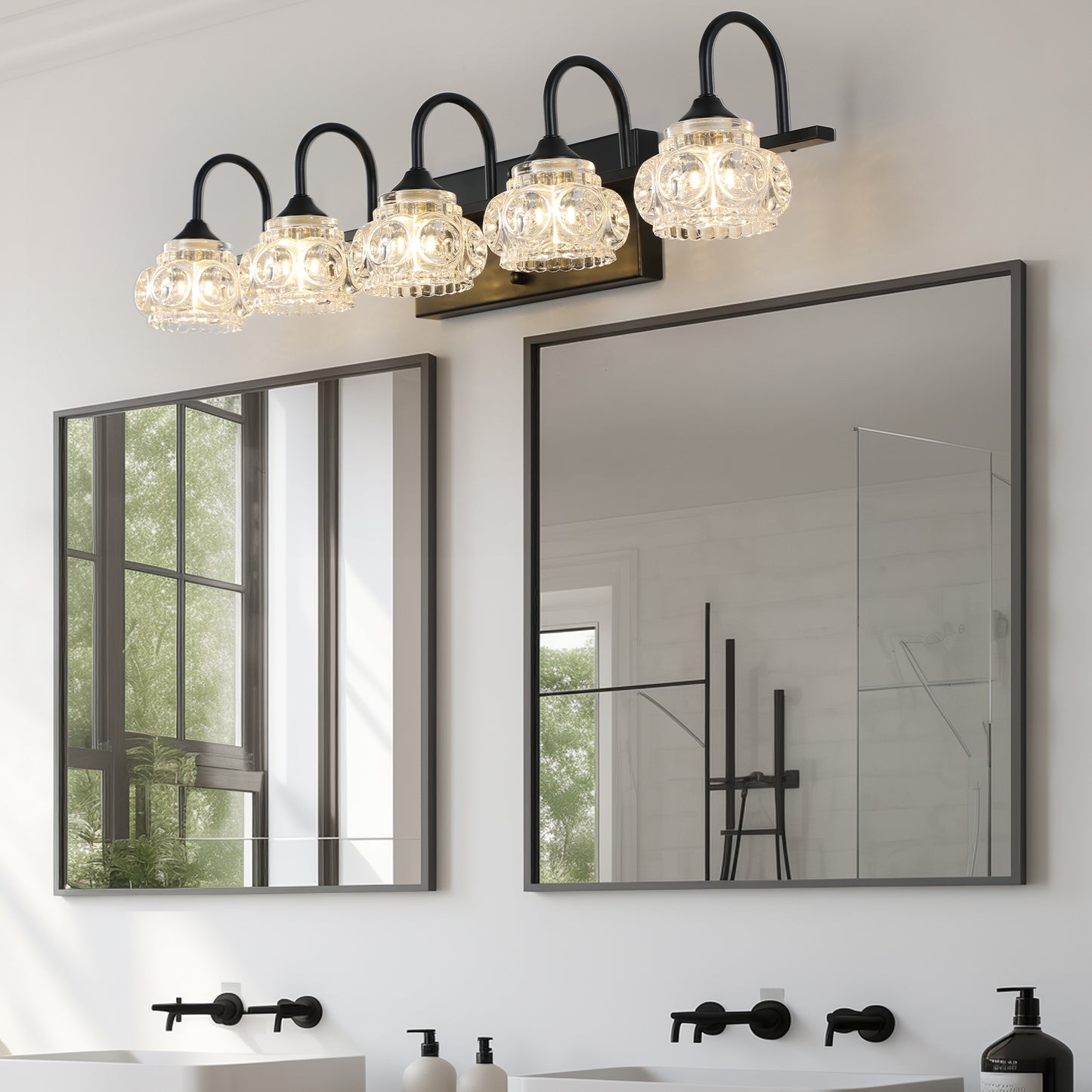 5-Light Bathroom Vanity Light Fixture - Black & Crystal Shades