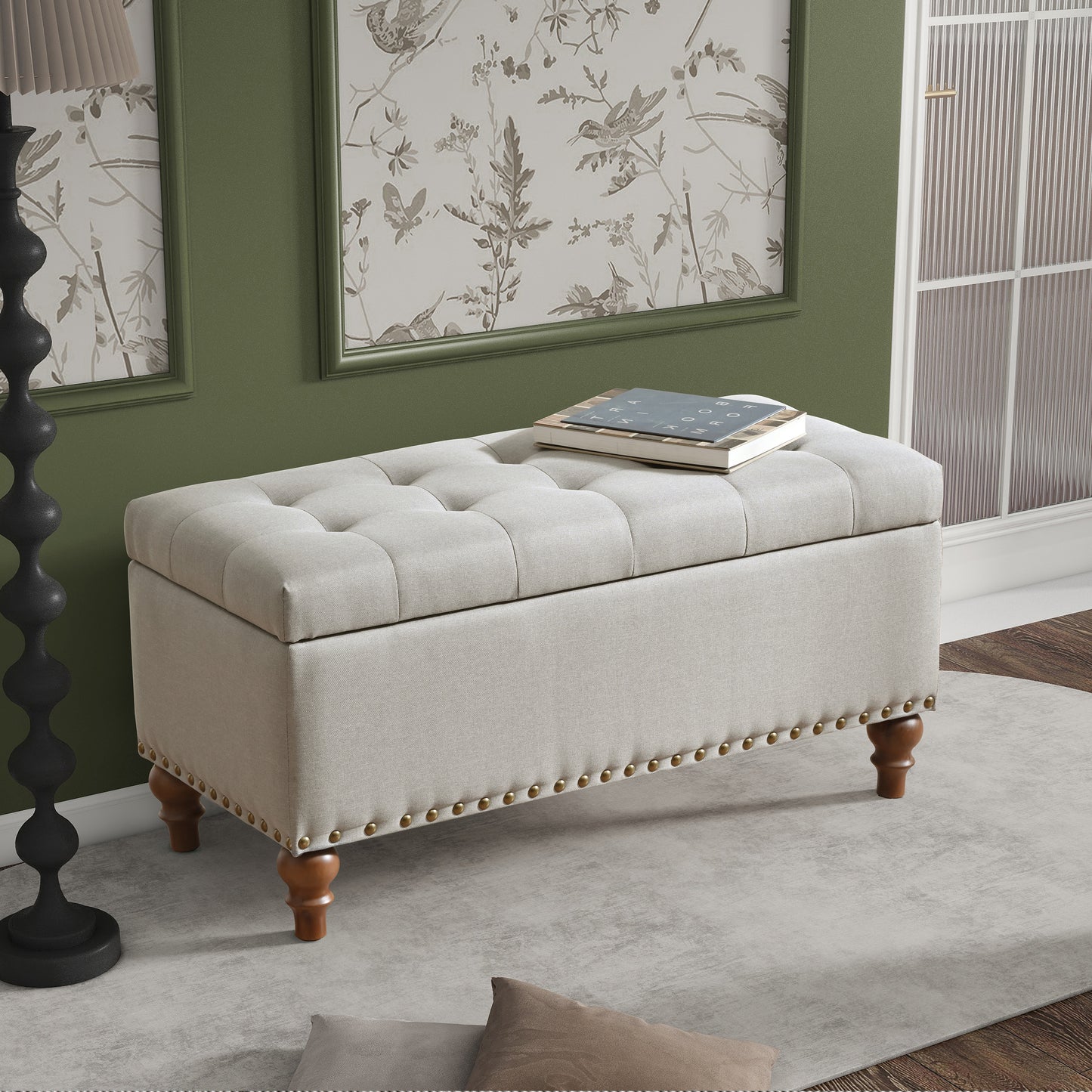 Ottoman Storage Bench, Recessed Support Hinge Top Easy To Open, Rivet