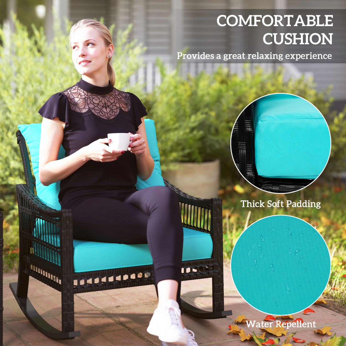 3-Piece Outdoor Rattan Rocking Chair Set with Glass Table - Turquoise