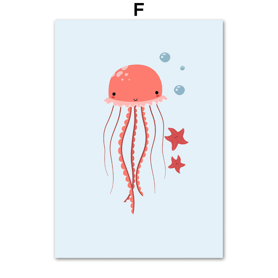 Alphanumeric Octopus Jellyfish Wall Art Canvas Painting for Home Decor