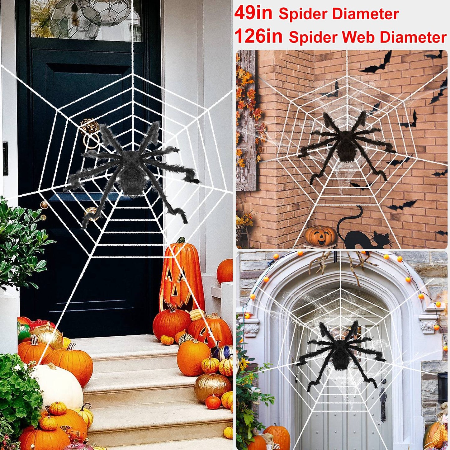 49-Inch Halloween Spider Decoration with 126-Inch Stretch Web - Black