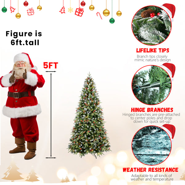 5ft Green LED Christmas Tree with Red Fruits & Pine Cones