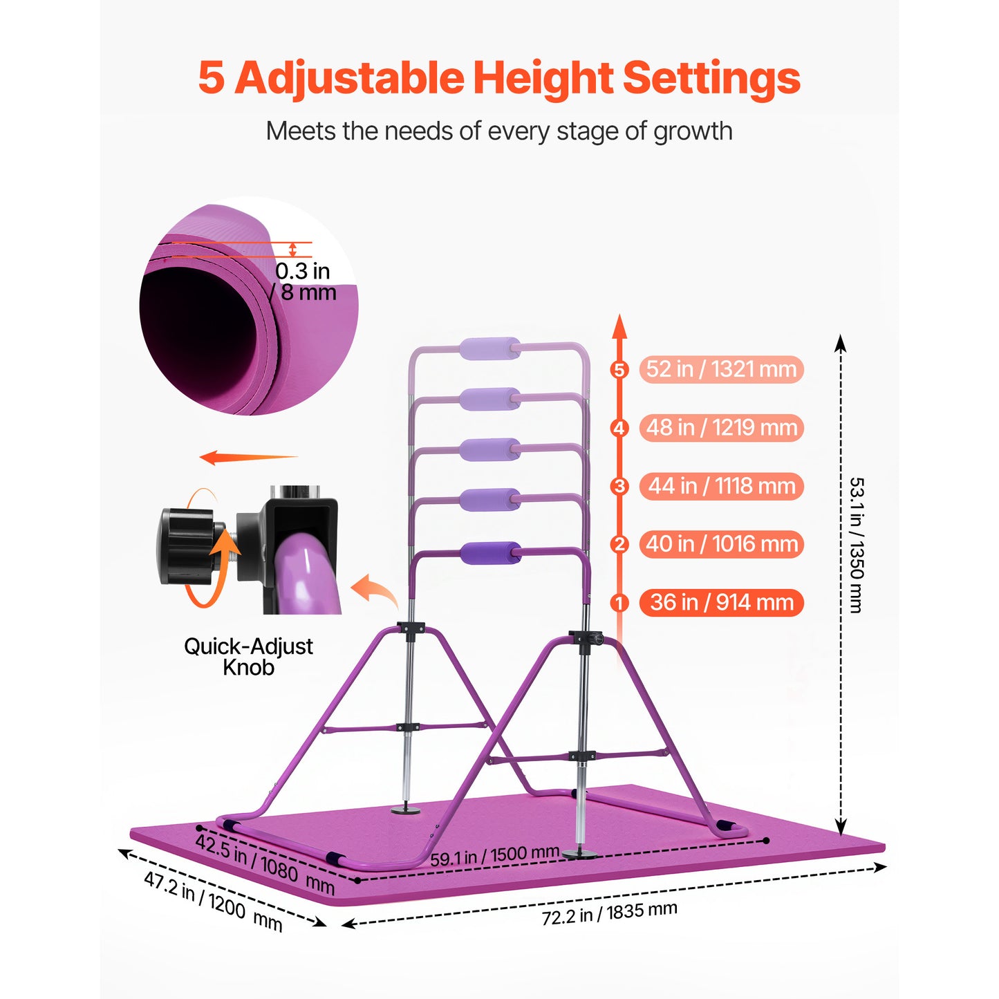Kids Gymnastics Bars - Adjustable Height Folding Kip Bar with Mat, Indoor Outdoor Training Equipment, Purple