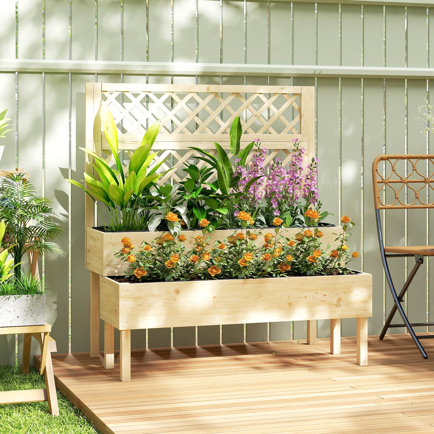 Raised Garden Bed with Trellis - 2-Tier Elevated Planter Box for Climbing Plants - Natural Wood Finish, 1200x370x200 mm