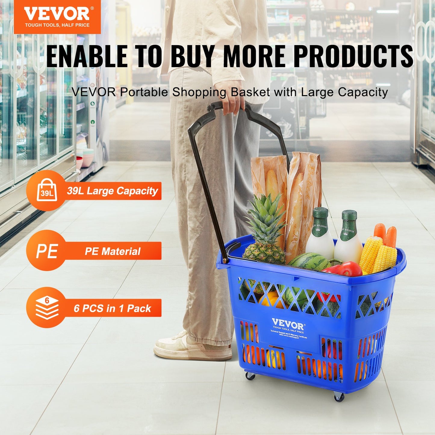 Set of 6 Large Capacity Plastic Shopping Trolleys with Wheels & Handles