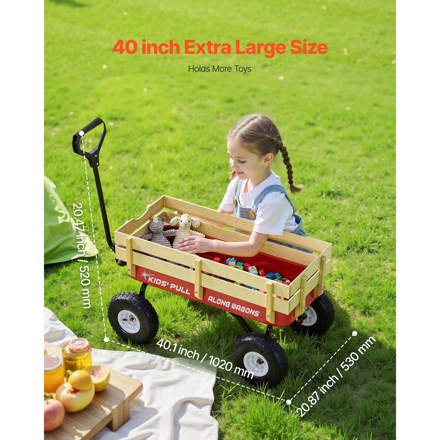 Pull-Along Kid's Wagon 39 Inch All-Terrain Toddler Cart with Wooden Panels & Handle, Supports Up to 330 Lbs, Great for Garden & Beach Fun - Red
