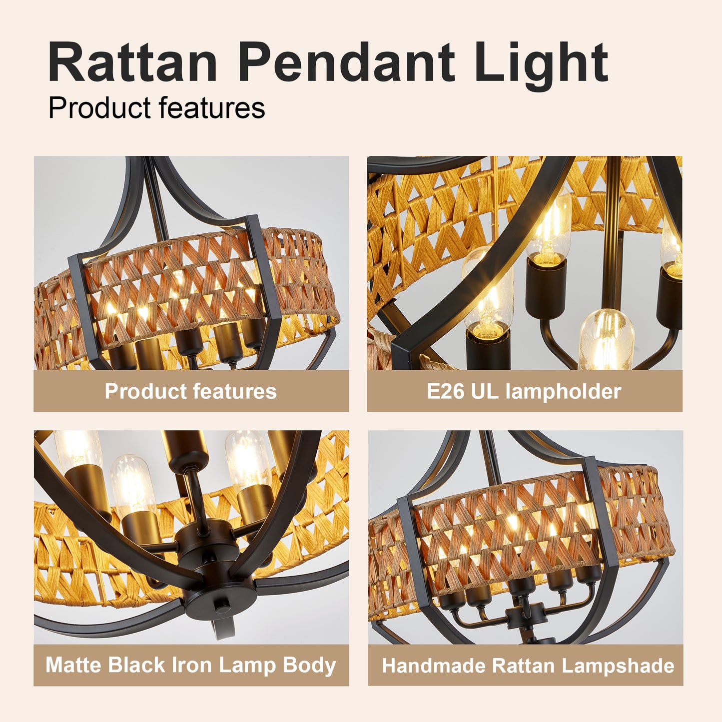 19.7-Inch Black Rattan Pendant Light with 5 LED Spotlights - Farmhouse Ceiling Chandelier for Dining & Living Rooms