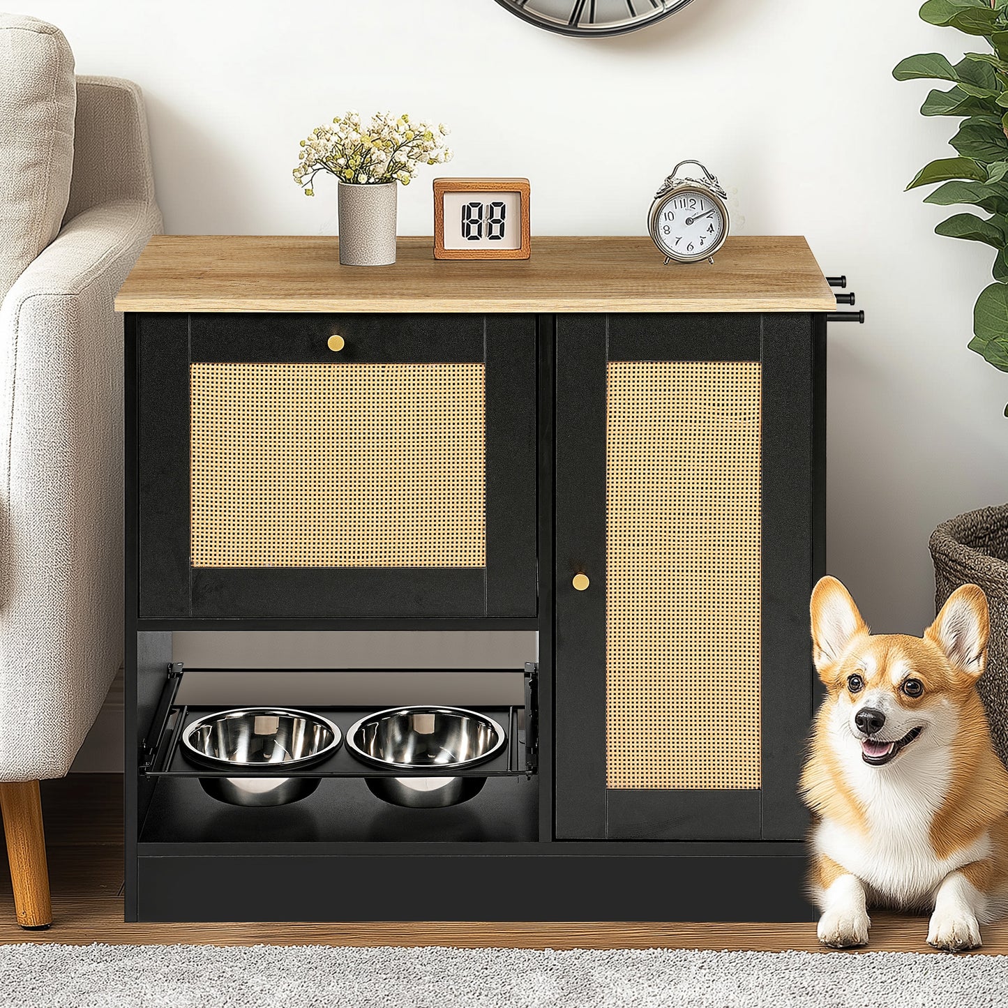 Elevated Pet Feeding Station with 2 Lockers & Side Hooks - Black+Vintage