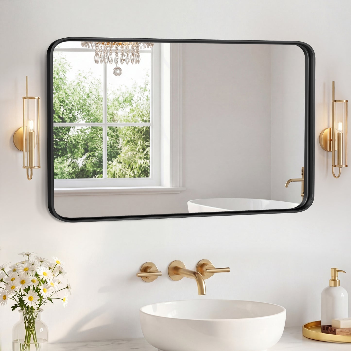 Rectangular Wall Mirror with Black Metal Frame - Shatter-Proof Bathroom Mirror