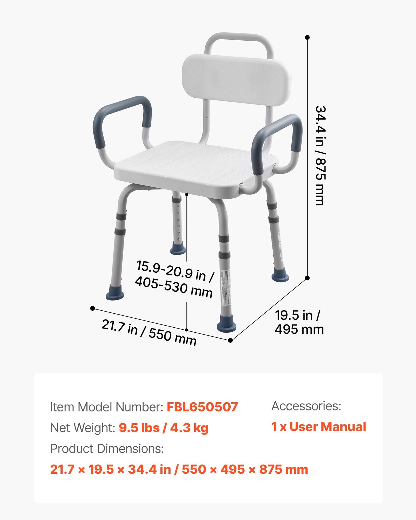 Heavy Duty Swivel Shower Chair with Arms and Back - 400 lbs Capacity, Height Adjustable Bathroom Seat for Adults and Seniors
