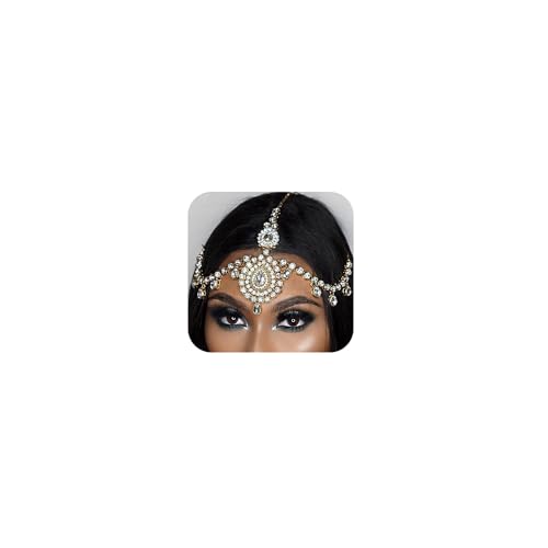 Xerling Bridal Forehead Headpiece for Wedding Zircon Crystal Dangling Tassel Head Chain Clip-on Hair Accessories for Women Boho Hair Piece (Gold)
