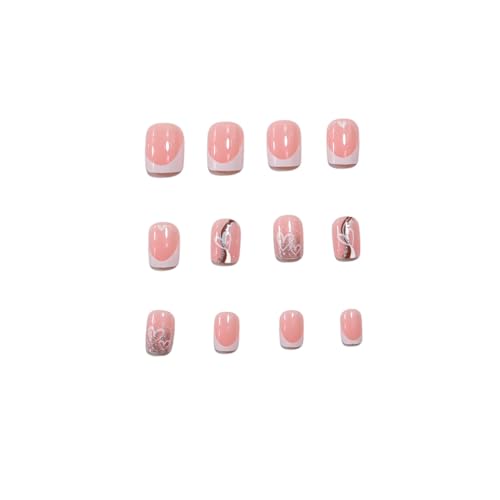 White French Tip Press on Nails Short Square Fake Nails Valentine False Nails with Cute Heart Designs Glue on Nails Nude Pink Full Cover Shiny Glitter Acrylic Stick on Nails for Women Manicure 24Pcs