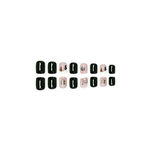 24 Pcs Christmas Green Press on Nails Short Square - SHANRUN Xmas Pink Fake Nails Press ons Nail Art Tip Glue on Nails Full Cover Artificial Acrylic False Nails Christmas Tree Lantern Gift Box Design