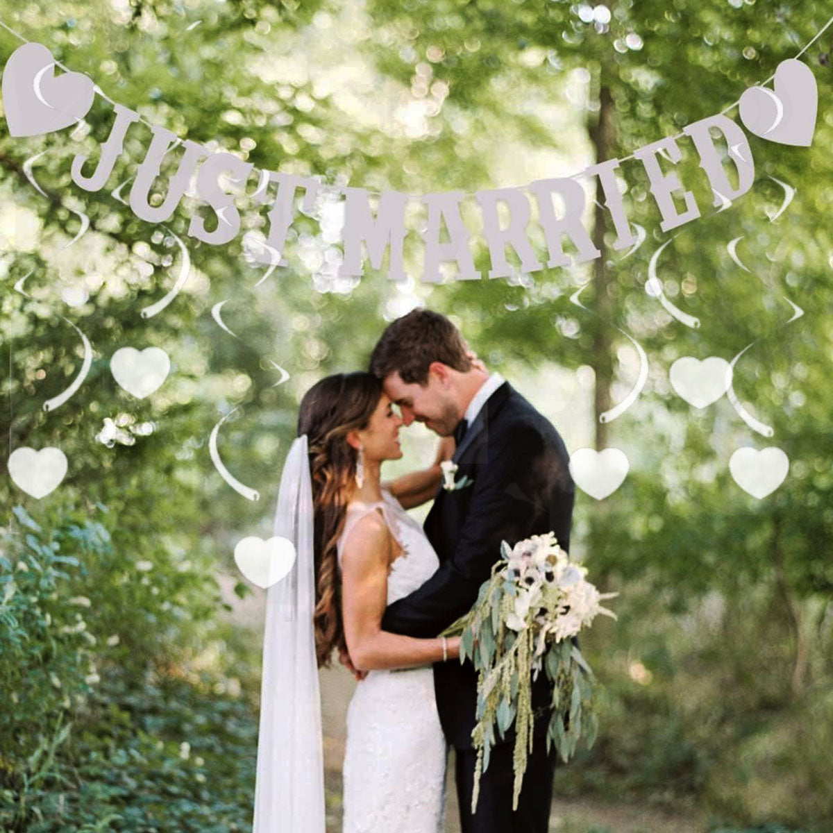 13-Piece Wedding Decoration Set with Just Married Banner & Swirls