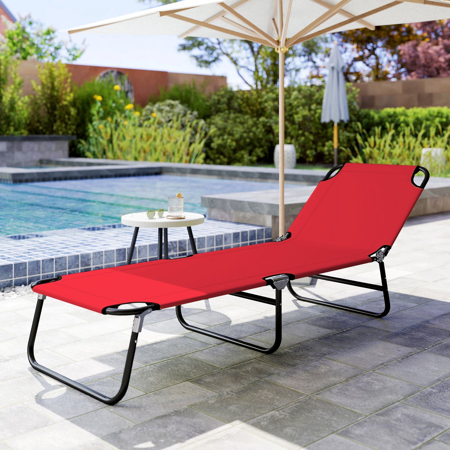 Folding Chaise Lounge Chair - 5-Level Recline, Steel Frame, Red