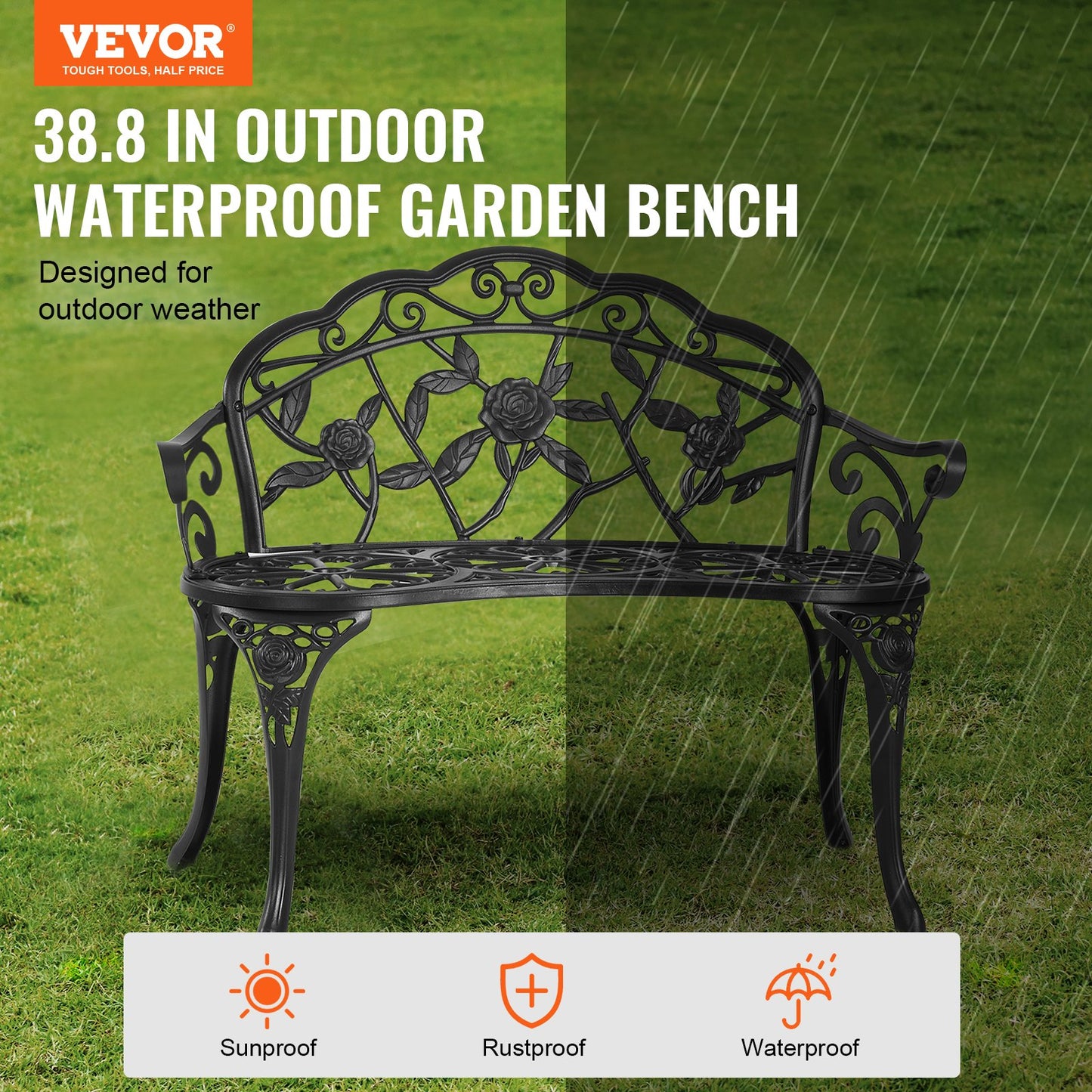 Outdoor Metal Garden Bench 38.8 Inch with Backrest and Armrests, Black