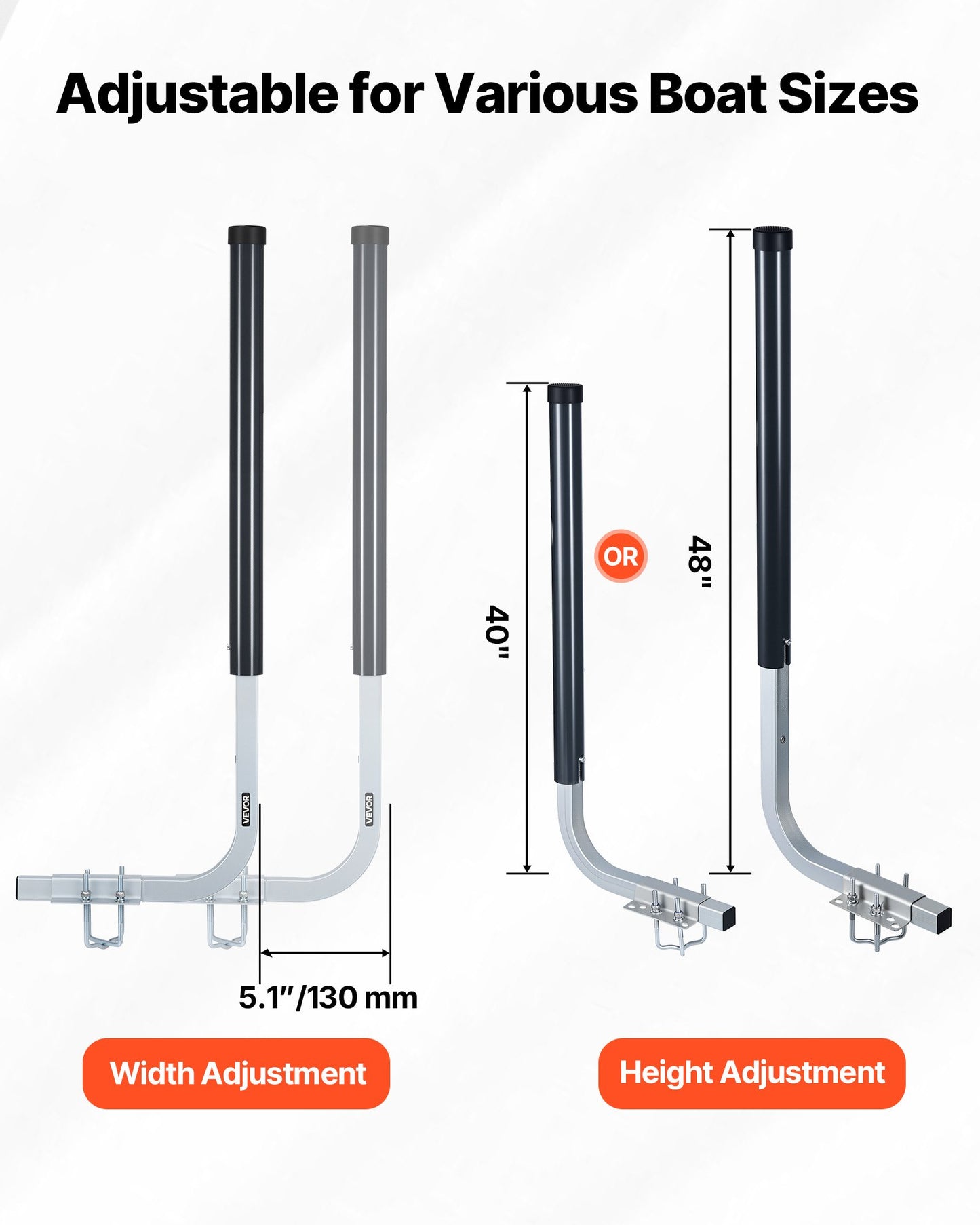 Boat Trailer Guide Poles - Adjustable 40/48 Inch Steel Guide-Ons with PVC Protectors for Ski, Fishing & Sailboats