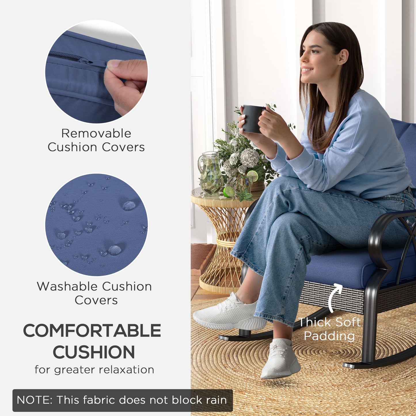 Navy Blue Outdoor Wicker Rocking Chair with Cushions