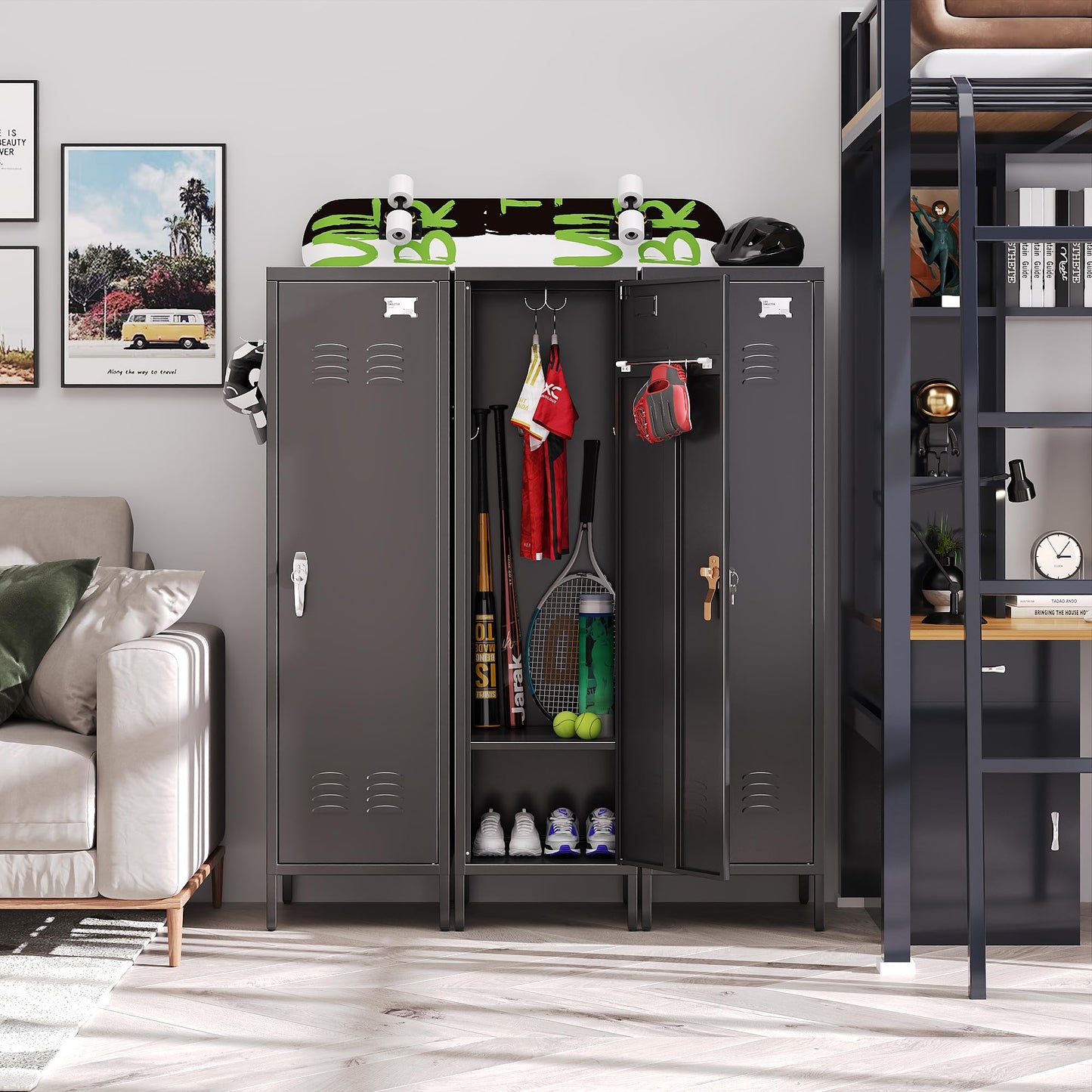Metal Storage Locker with Handle and Hanging Rod - Black