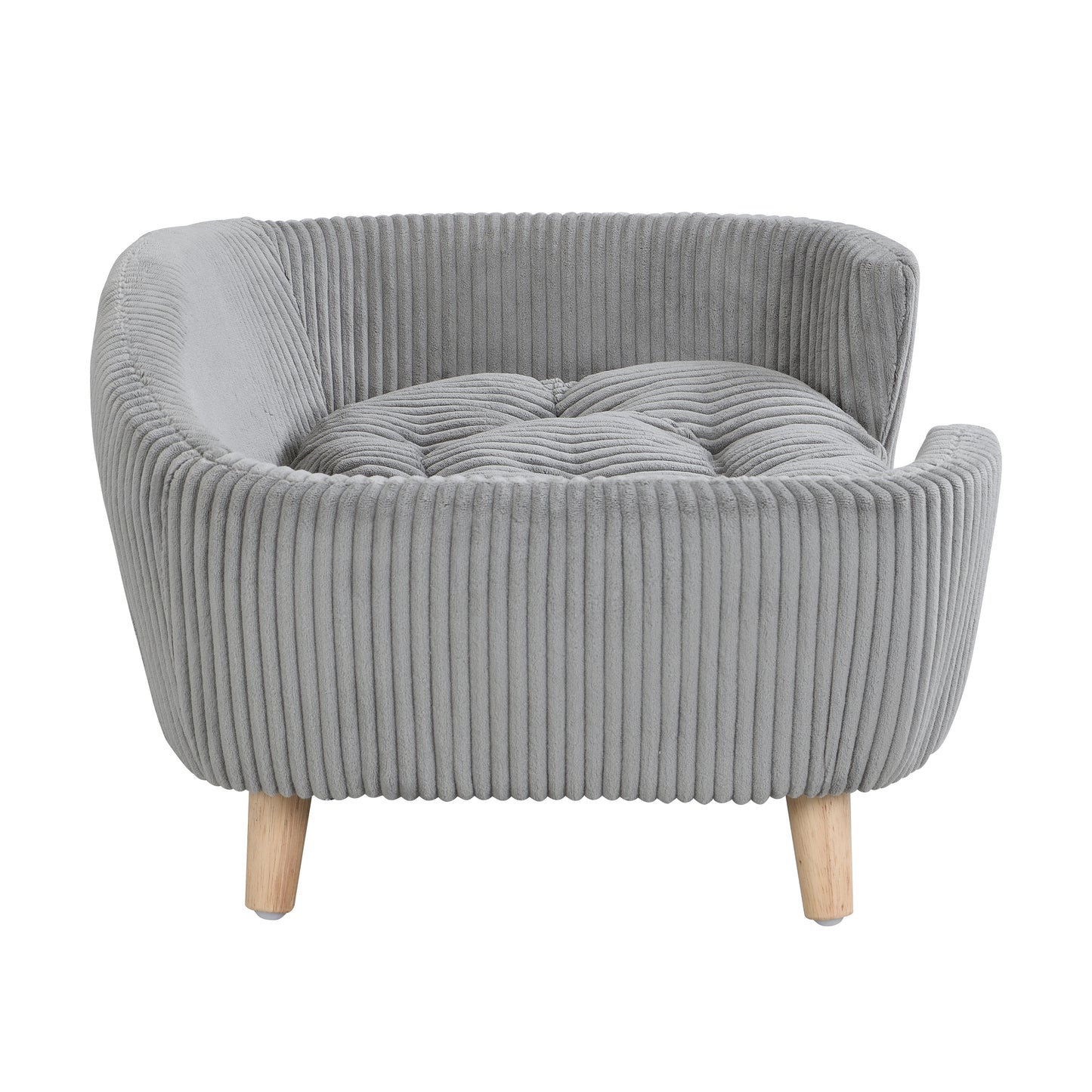 Small Dog Elevated Bed Frame with Corduroy Cushion & Rubber Wood Legs - Grey