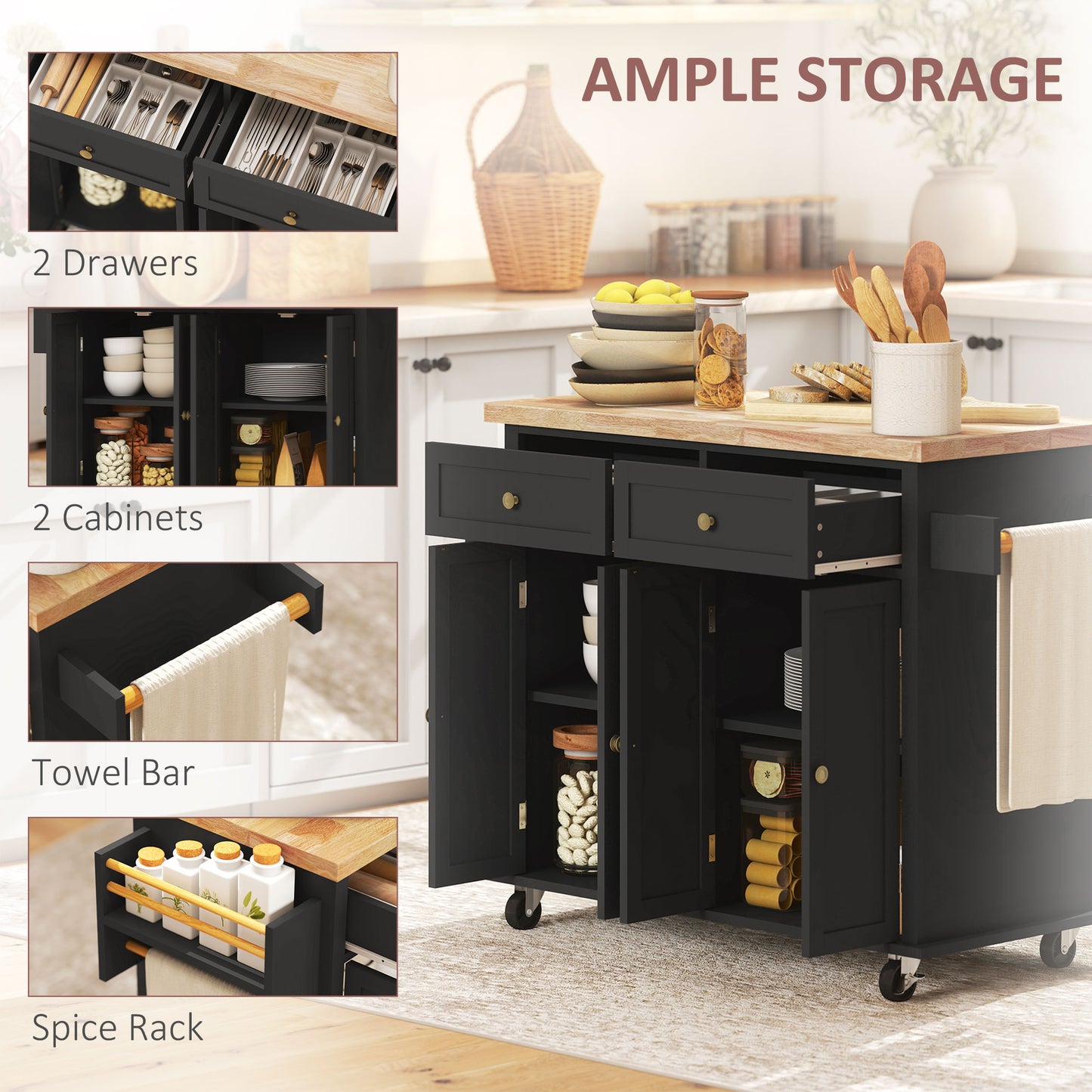 44" Mobile Kitchen Island Cart with Storage - Black