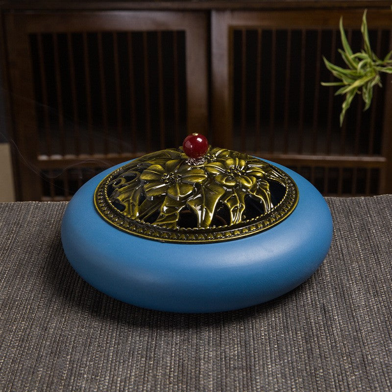 Ceramic Lotus Incense Burner with Iron Cover - Traditional Chinese Style Home Fragrance