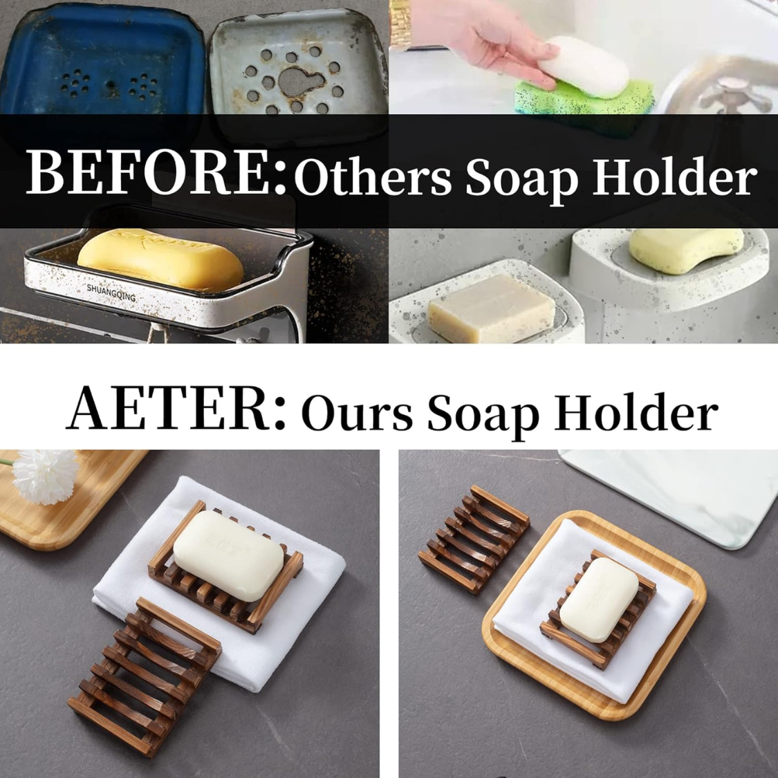 Self-Draining Soap Dish Set of 2 - Brown Wooden Bar Holder
