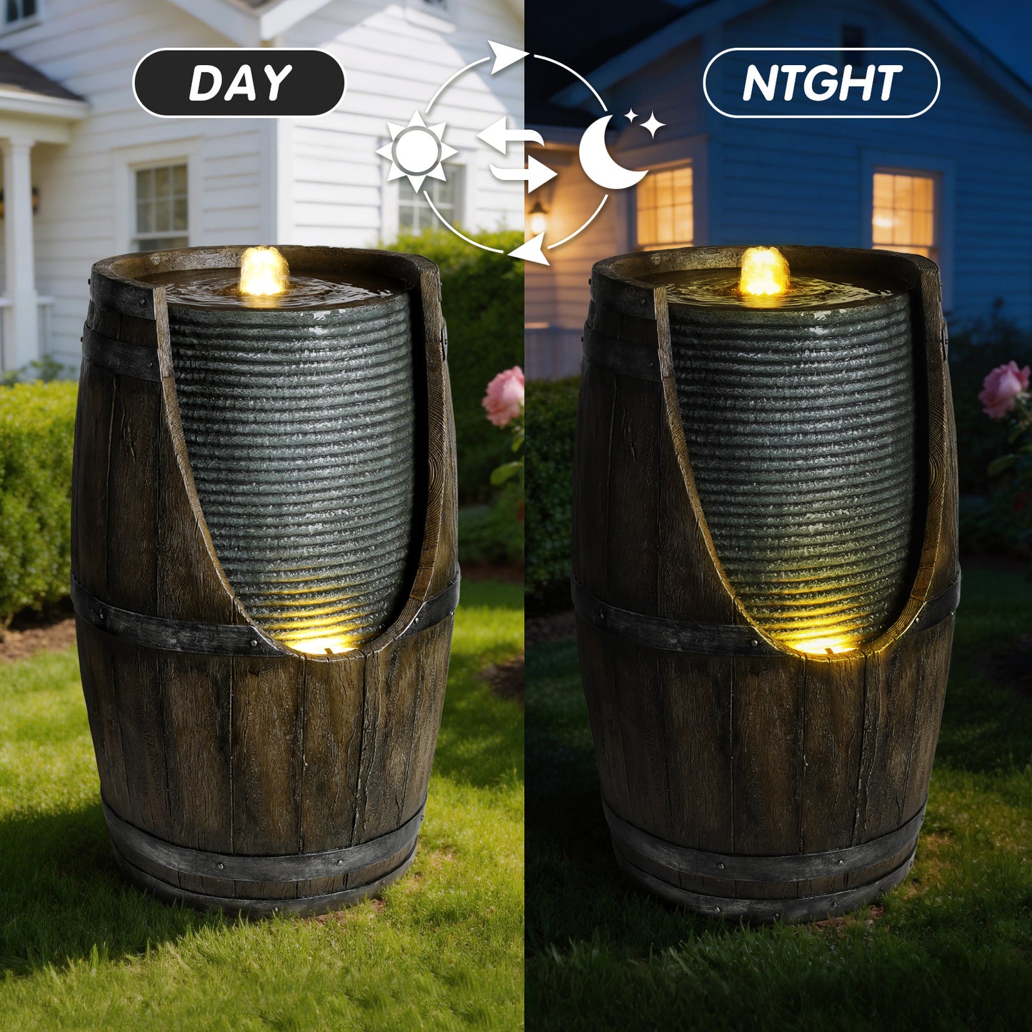 Outdoor Water Fountain with Bird Waterer - Rustic Barrel Garden Feature with LED Lights