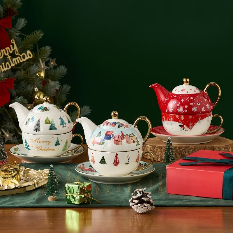 Gift Box Tea Set with Ceramic Teapot & Cups - Gold Plated Snowflake Design, Christmas Gift