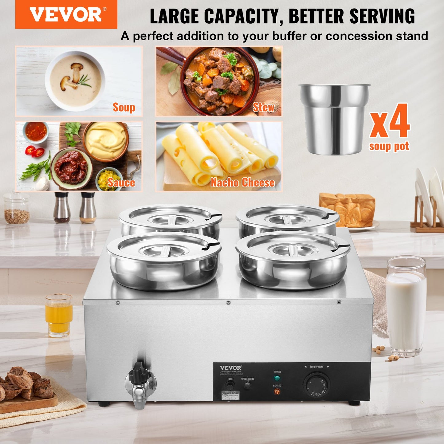 Electric Soup Warmer 4 Qt Stainless Steel Buffet Food Warmer Adjustable Temp 1500W