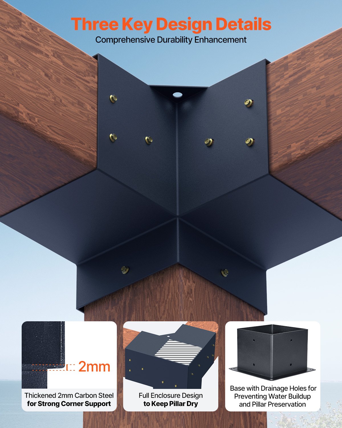 6x6 Inch Pergola Bracket Kit - 3-Way Corner Support for Wooden Beams, Black