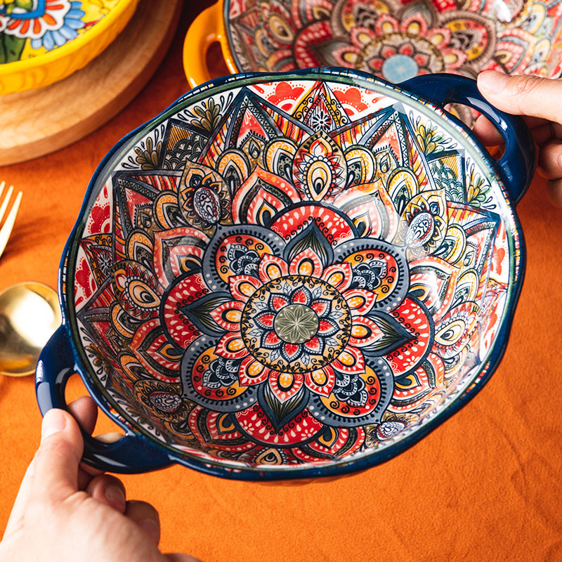 Ceramic Hand-Painted Flower Pattern Noodle Bowl with Double Handles - 950ML