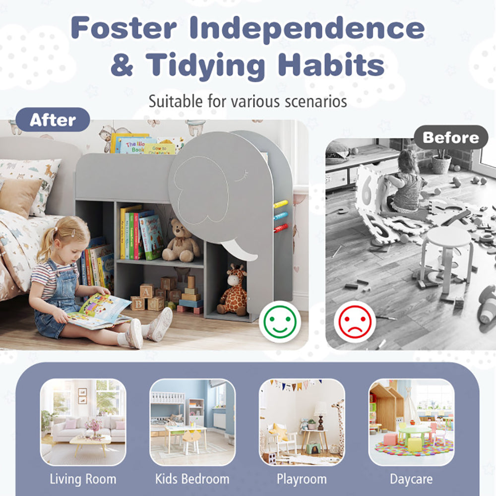 Montessori Bookshelf With Elephant Shape 3-Tier Toddler Toy Storage
