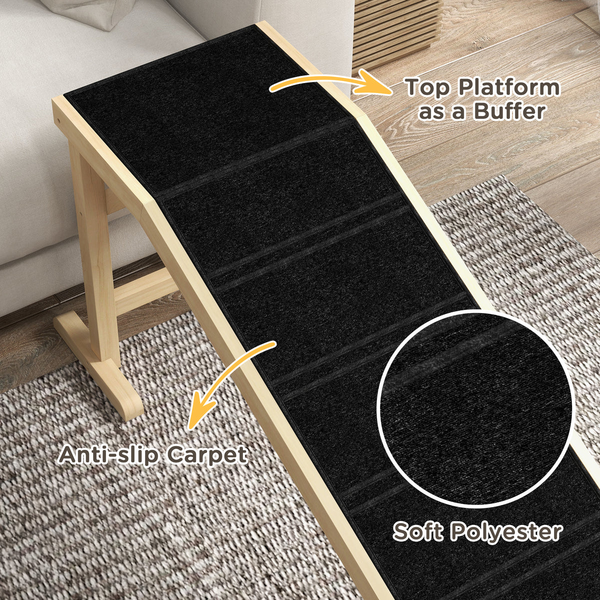 Dog Ramp for Bed, Non-Slip Pet Ramp with Top Platform - Natural Wood, 74 x 16 x 25 inches