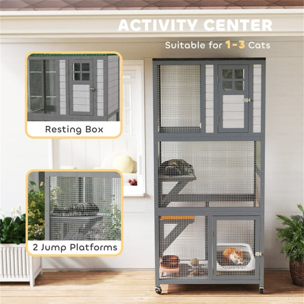 Pet Cat Stairs Climbing Tower with Roofed House and Wheels - Gray