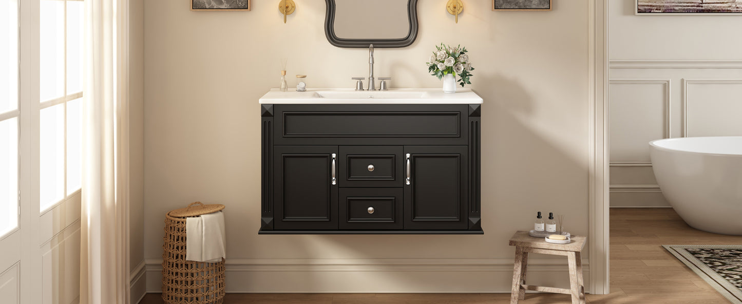 36-Inch Wall-Mounted Bathroom Vanity with Ceramic Sink - Black