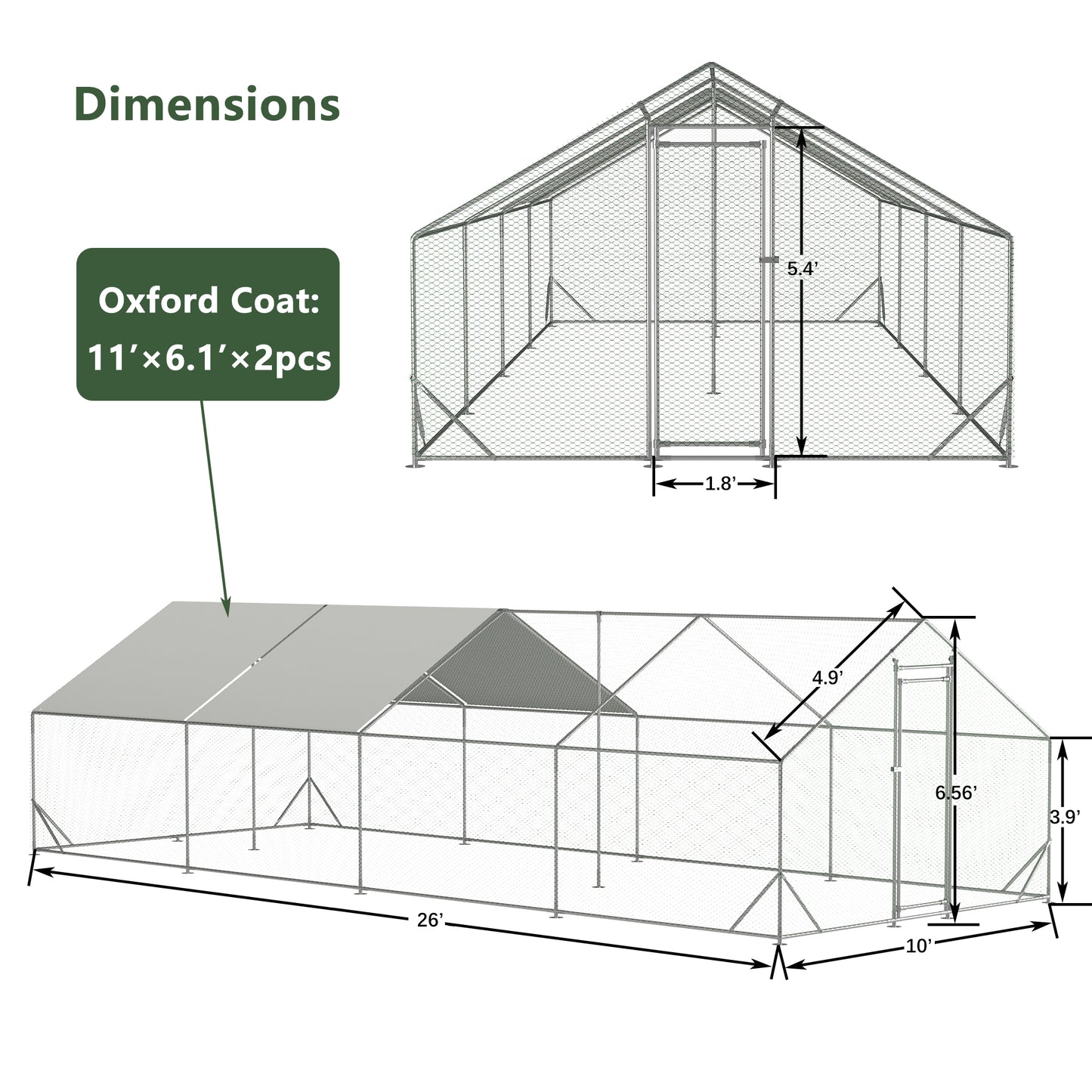Large Metal Chicken Coop Walk-In Poultry Cage with Waterproof Cover - Multiple Sizes