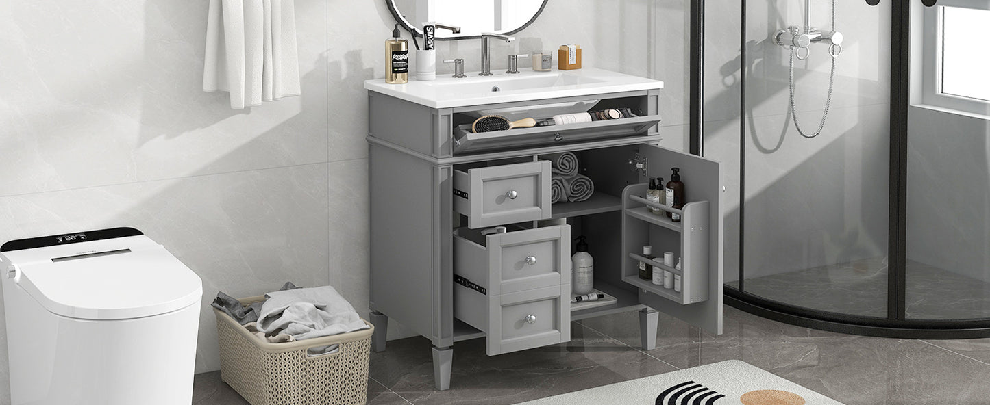 30'' Modern Bathroom Vanity with Sink & 3 Drawers - Grey