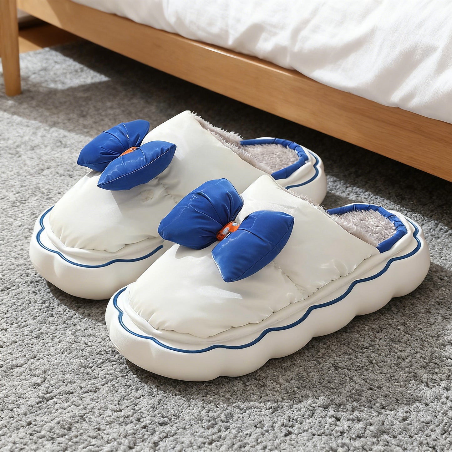 Bowknot Cotton Slippers in Pink and Blue
