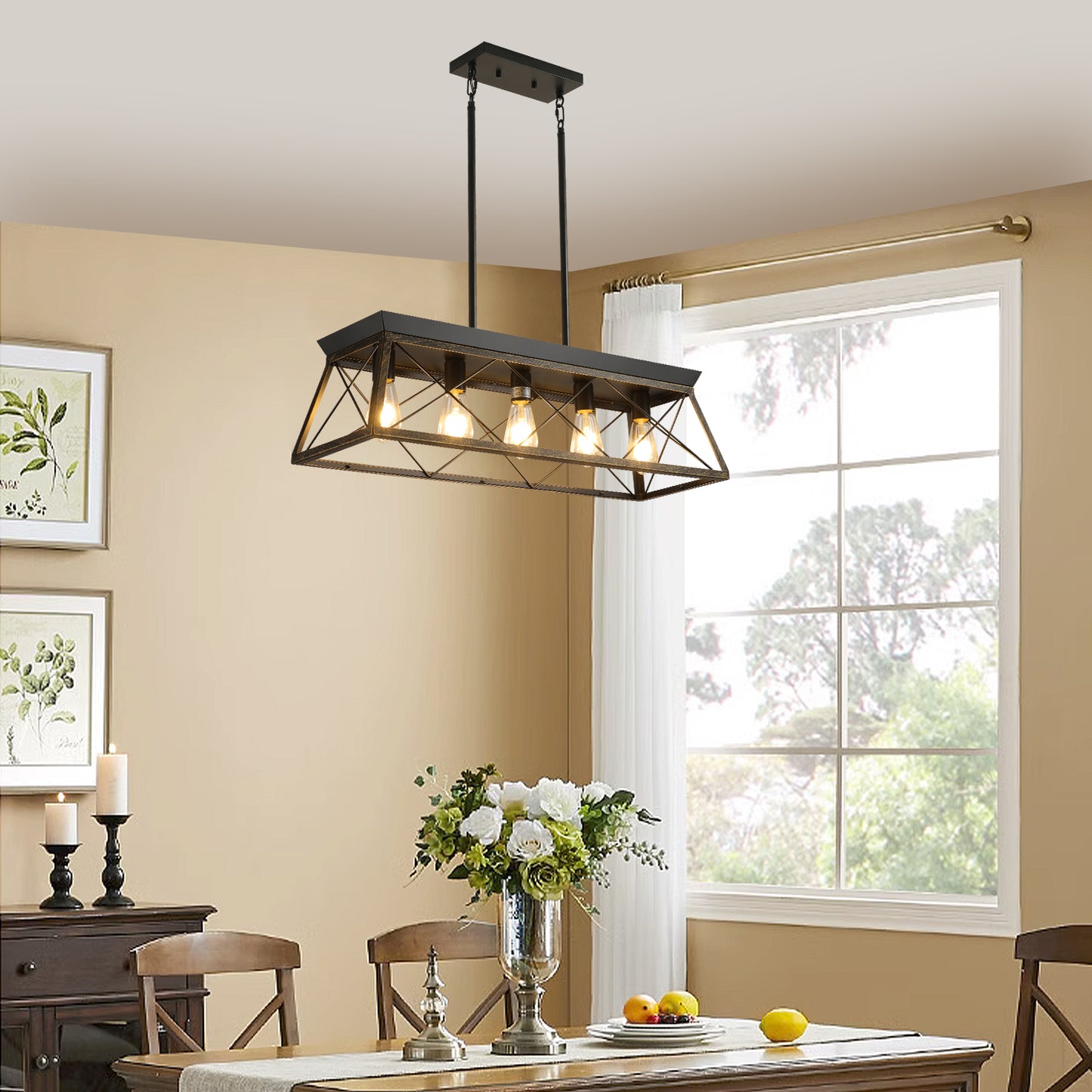 Black Gold Industrial Pendant Light Fixture 32in Modern Metal Cage Chandelier