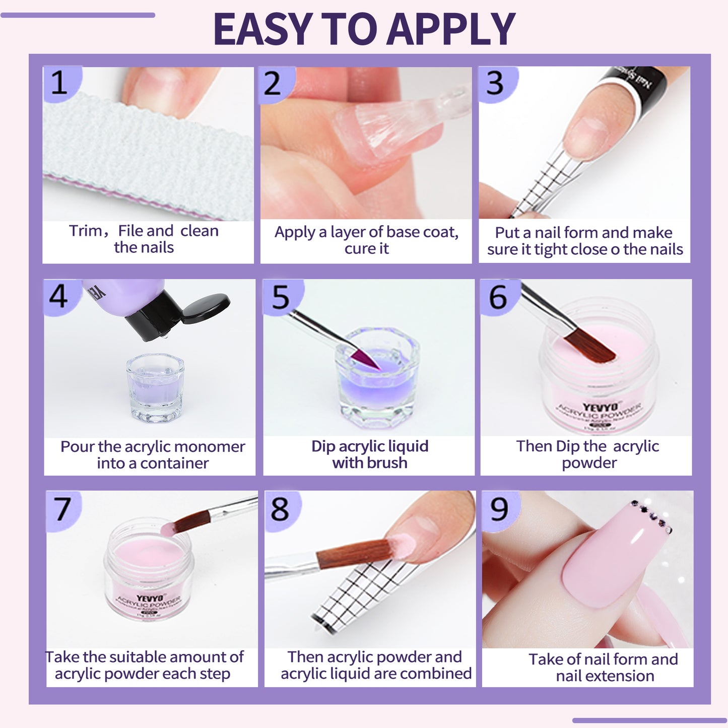 Complete Acrylic Nail Kit with Monomer, 4 Powders, Brushes & Nail Forms