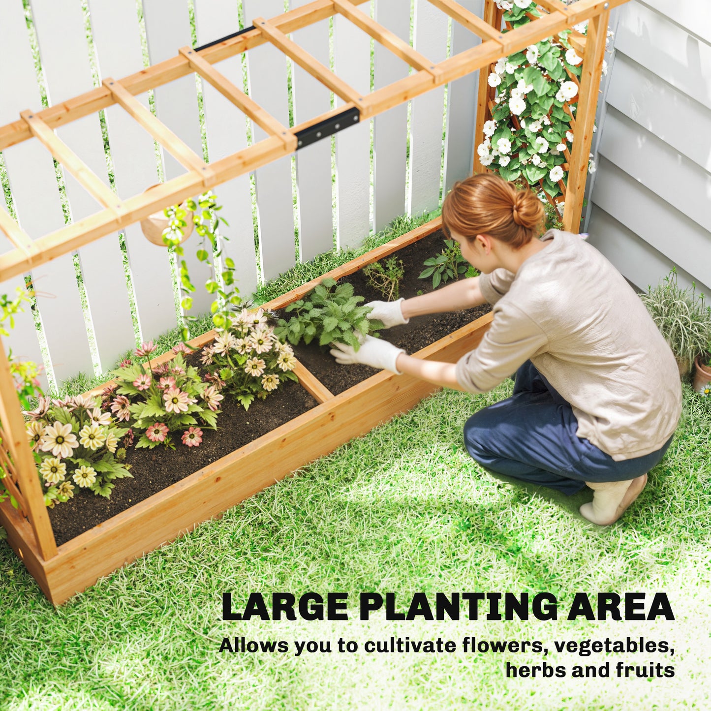 Wooden Planter Box with Trellis and Drainage Holes for Climbing Plants
