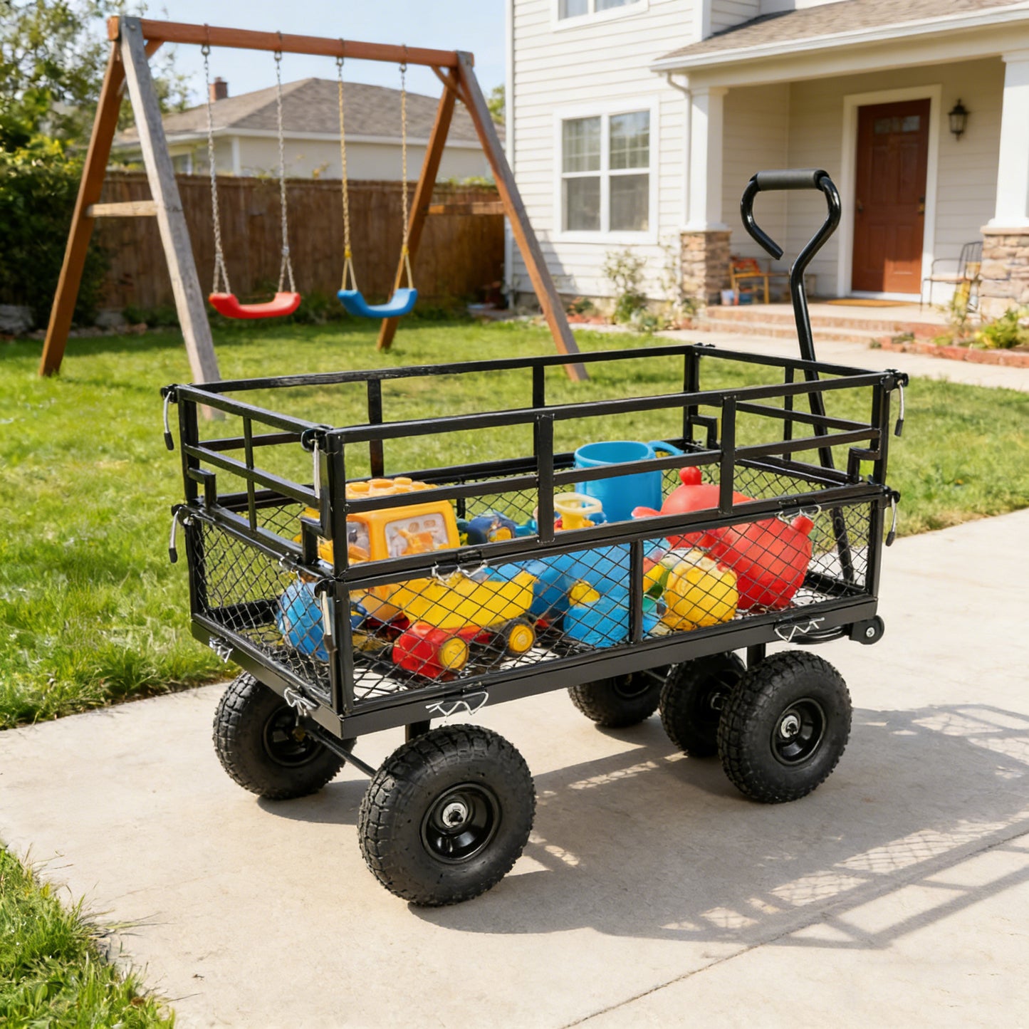 Black Double Fence Utility Cart Wagon Garden Trucks Make It Easier To
