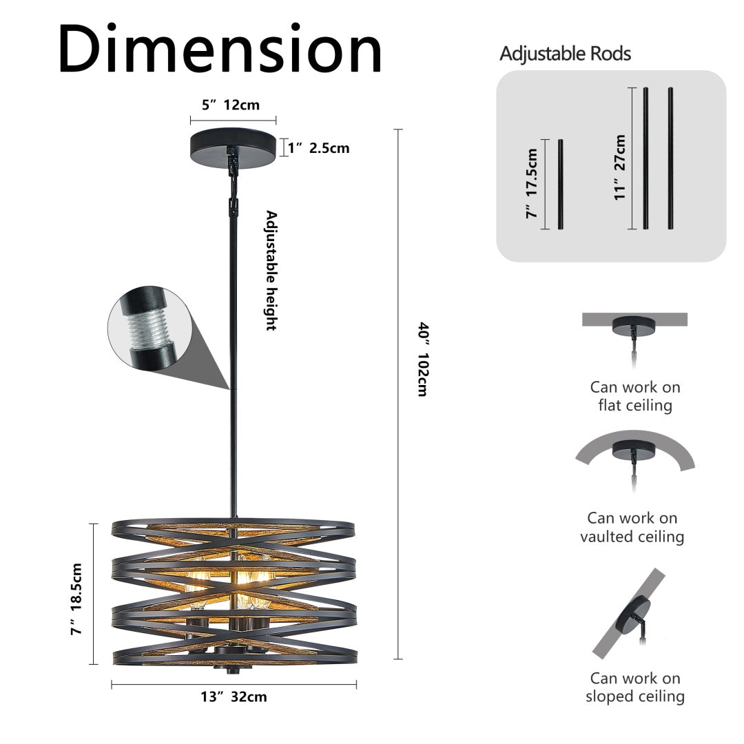 3-Light Industrial Pendant Chandelier with Wood Accents