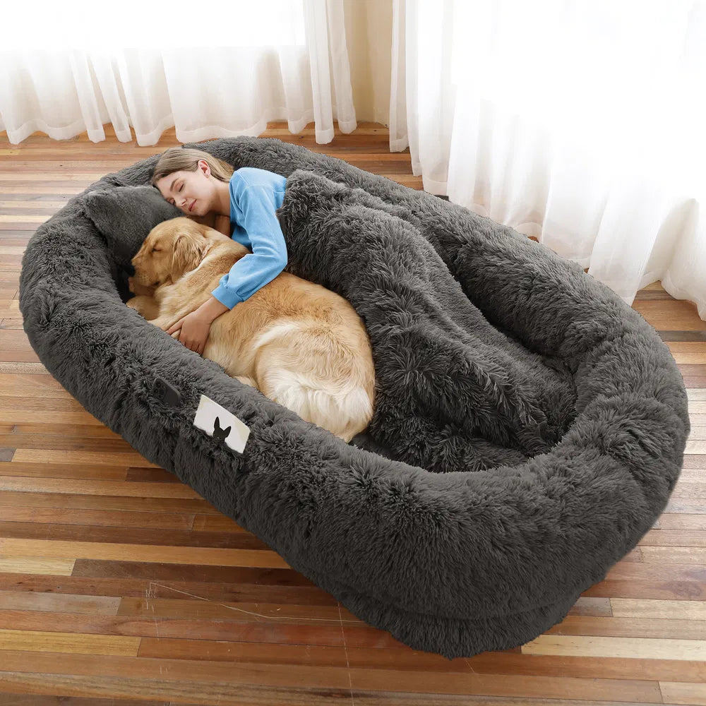 Large Human Dog Bed with Faux Fur Cover, Orthopedic Napping Pillow & Blanket