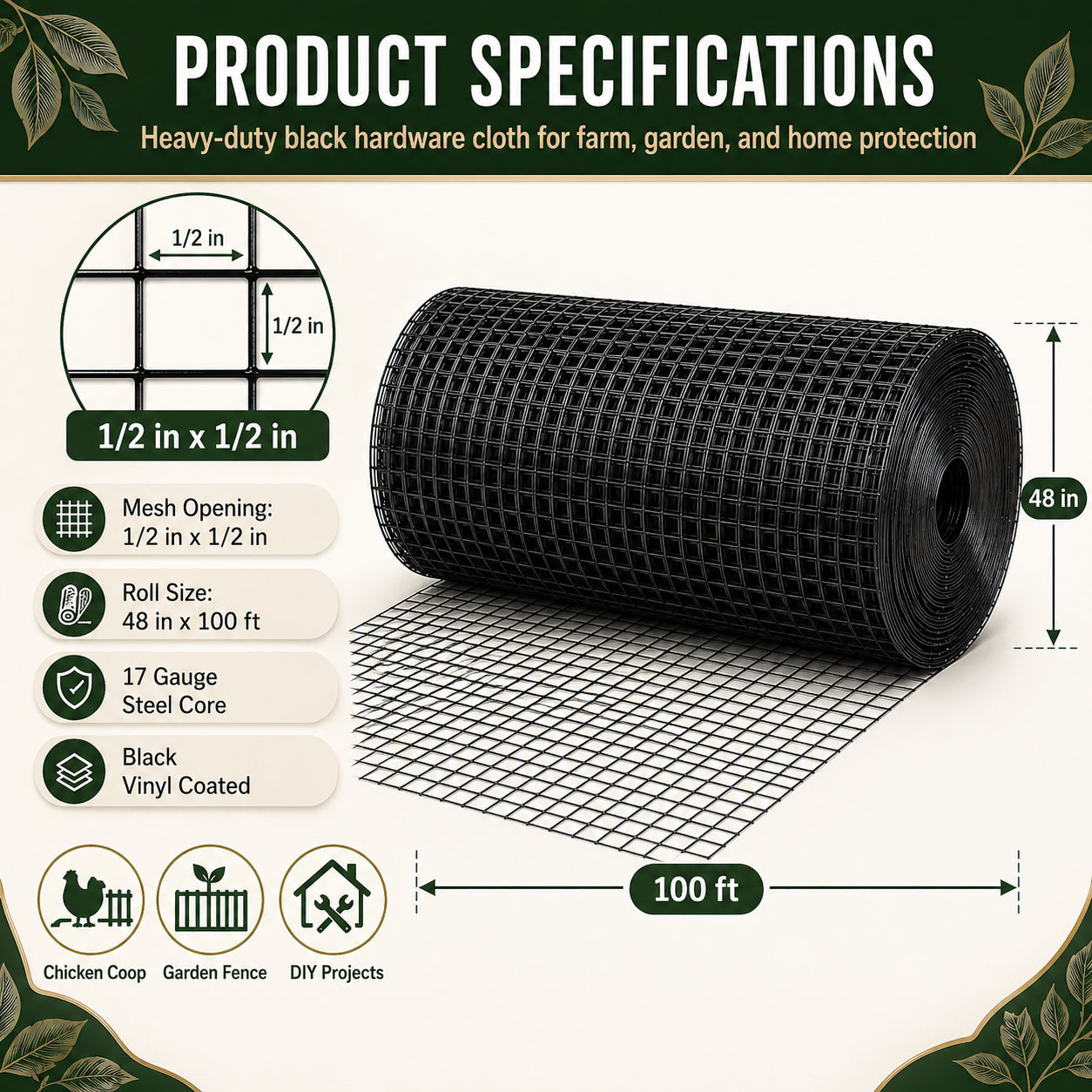 Black Metal Mesh Wire Fencing Roll - 48in x 100ft for Gardens